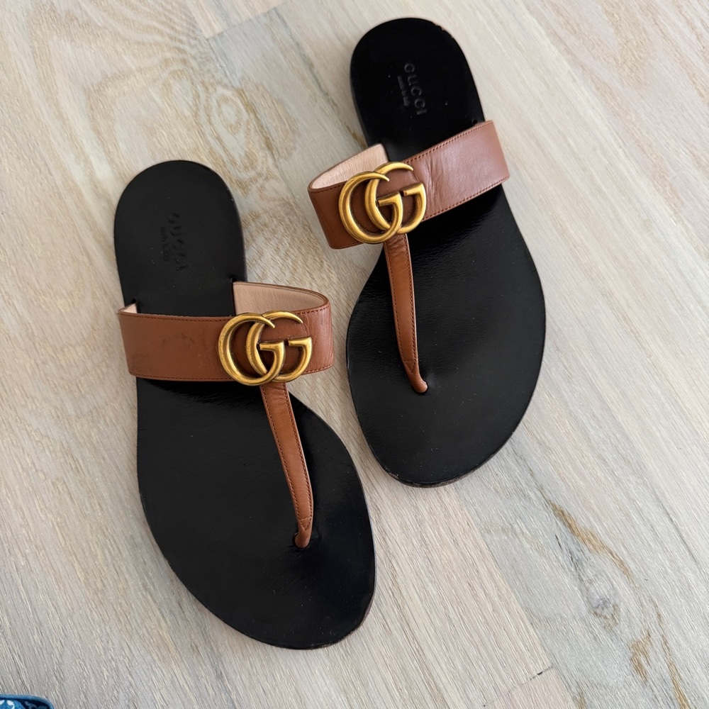 Gucci flip flops marmont leather sandal tan 37